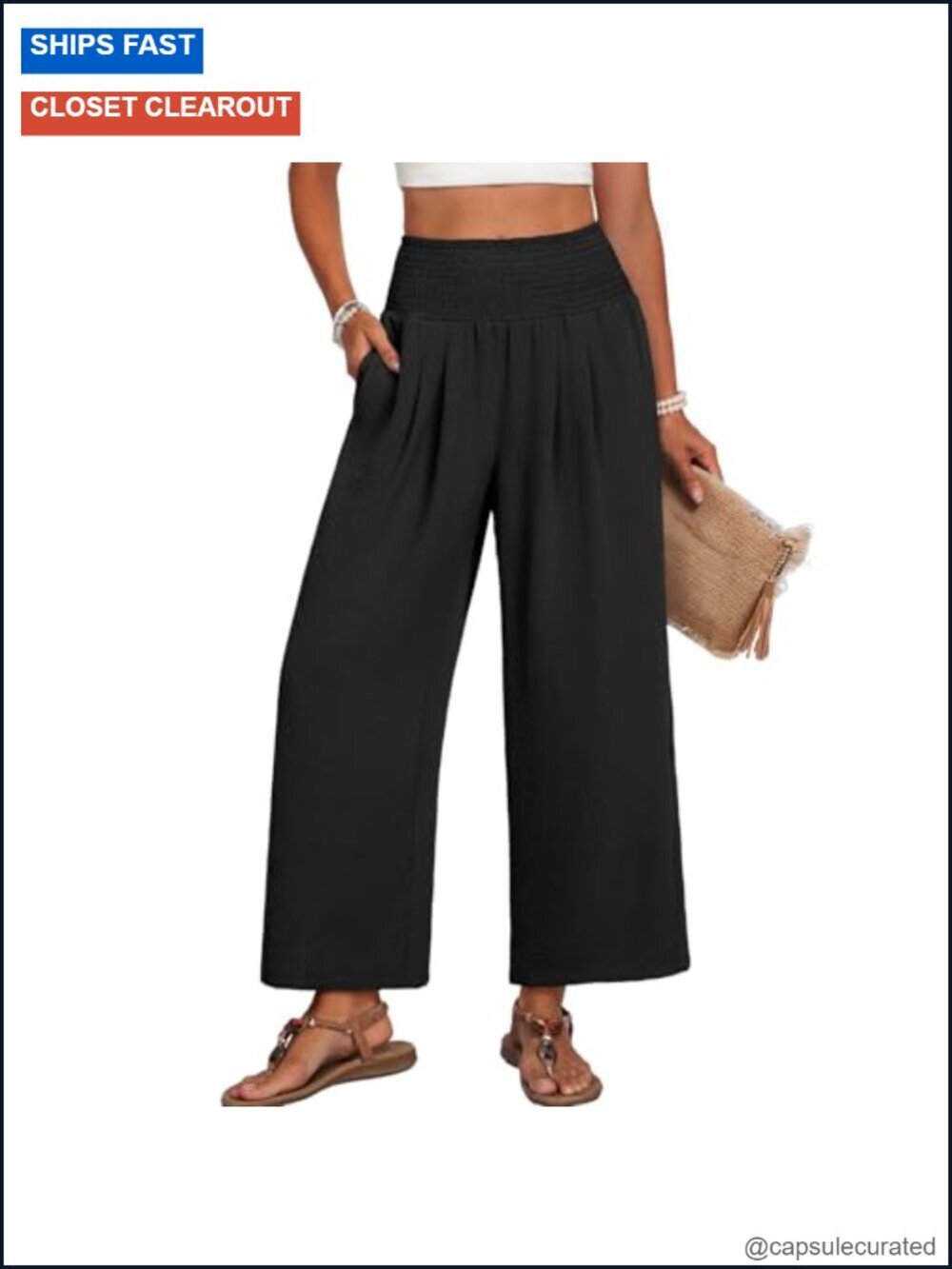 Wide Leg Palazzo Pants with Pockets High Waisted Smocked Elastic Waistband